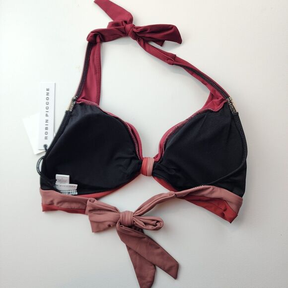 Robin Piccone Billie Halter Twist Bikini Top Womens Medium Black Rose Tie Neck - Picture 3 of 9